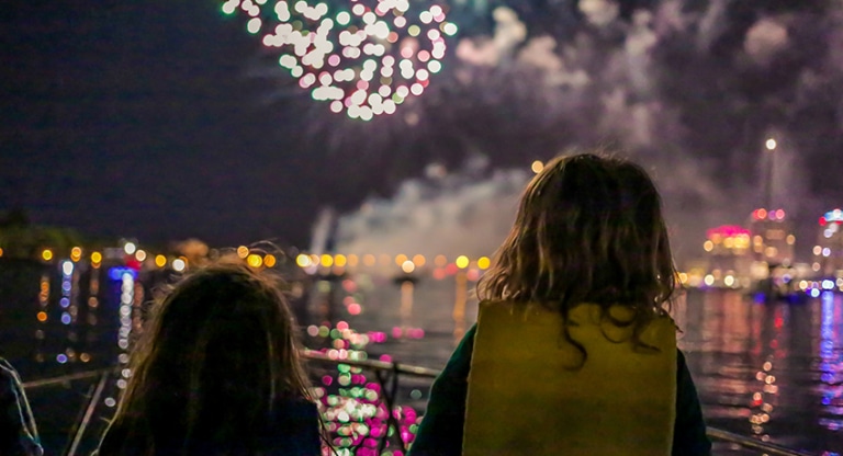 Two young girls enjoying a fireworks display