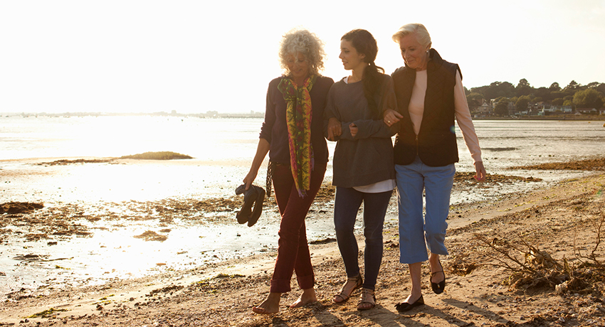 Three women taking a walk on a beach